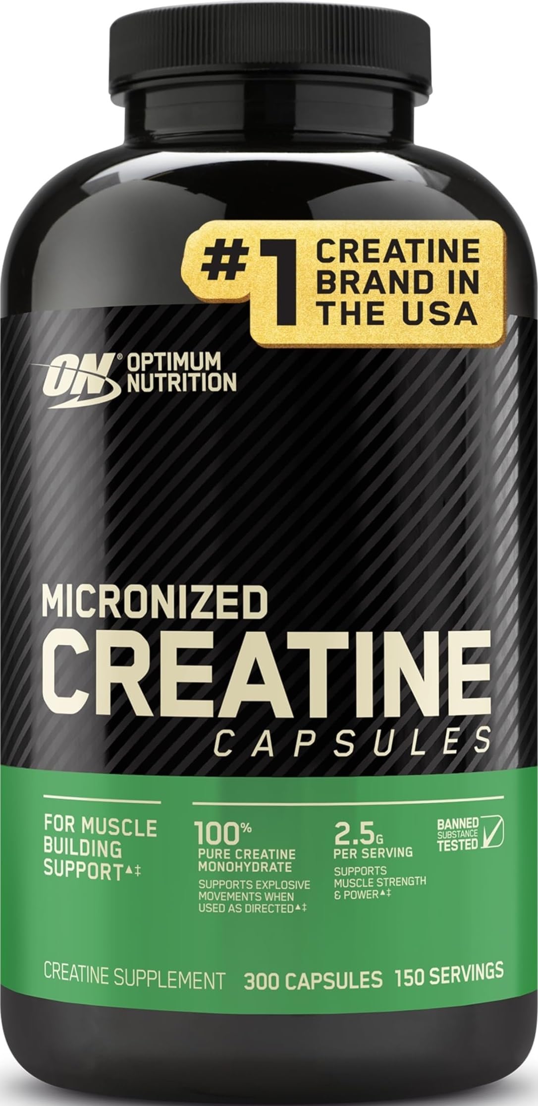 Optimum Nutrition frasco frontal mostrando el diseño y beneficio de conveniencia