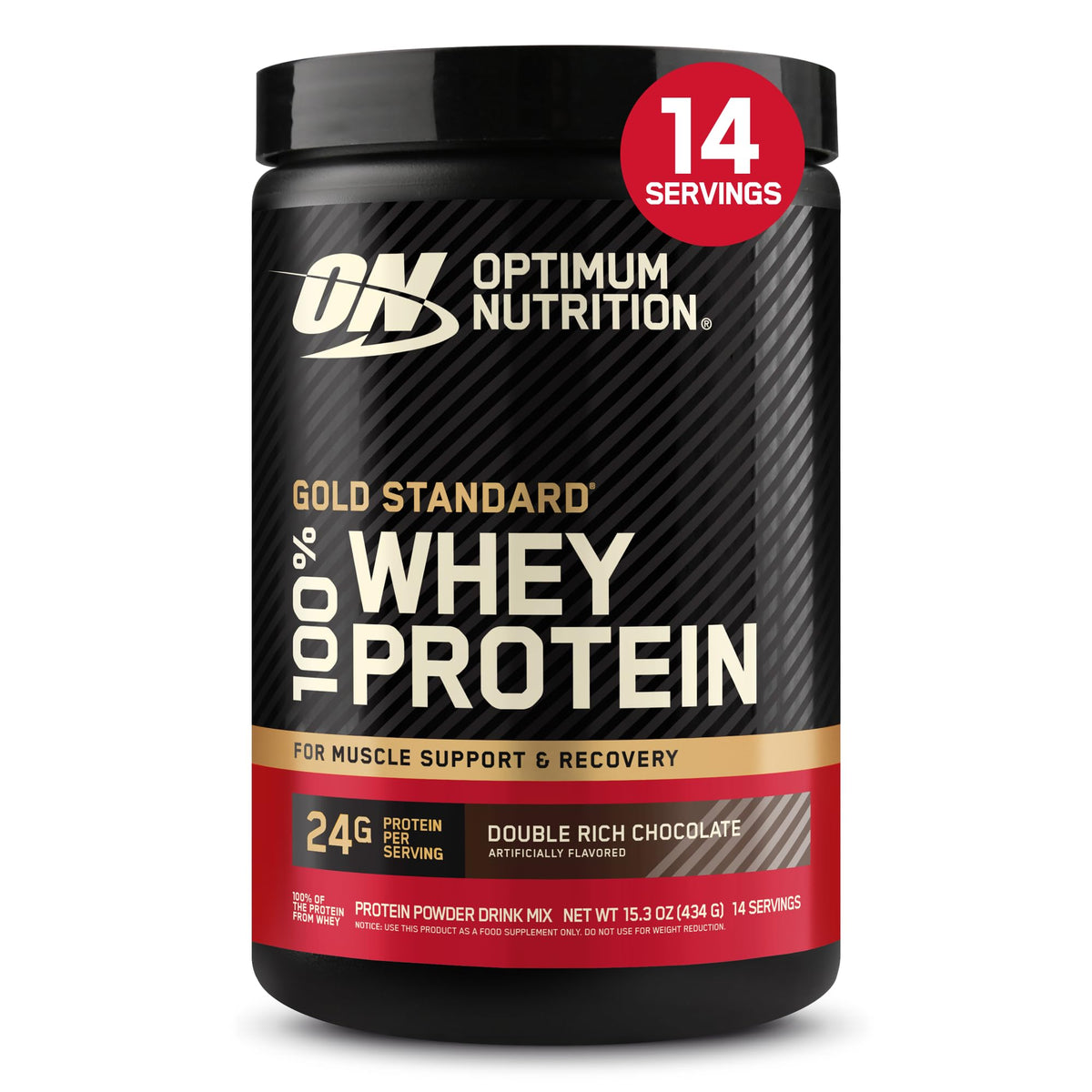 Optimum Nutrition frente del envase mostrando diseño y peso, confianza en la calidad
