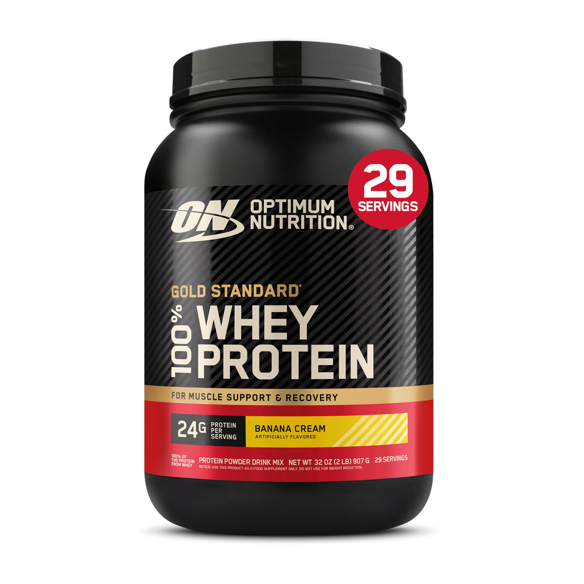 Optimum Nutrition frontal del envase mostrando el sabor Banana Cream y el tamaño de 2 lb