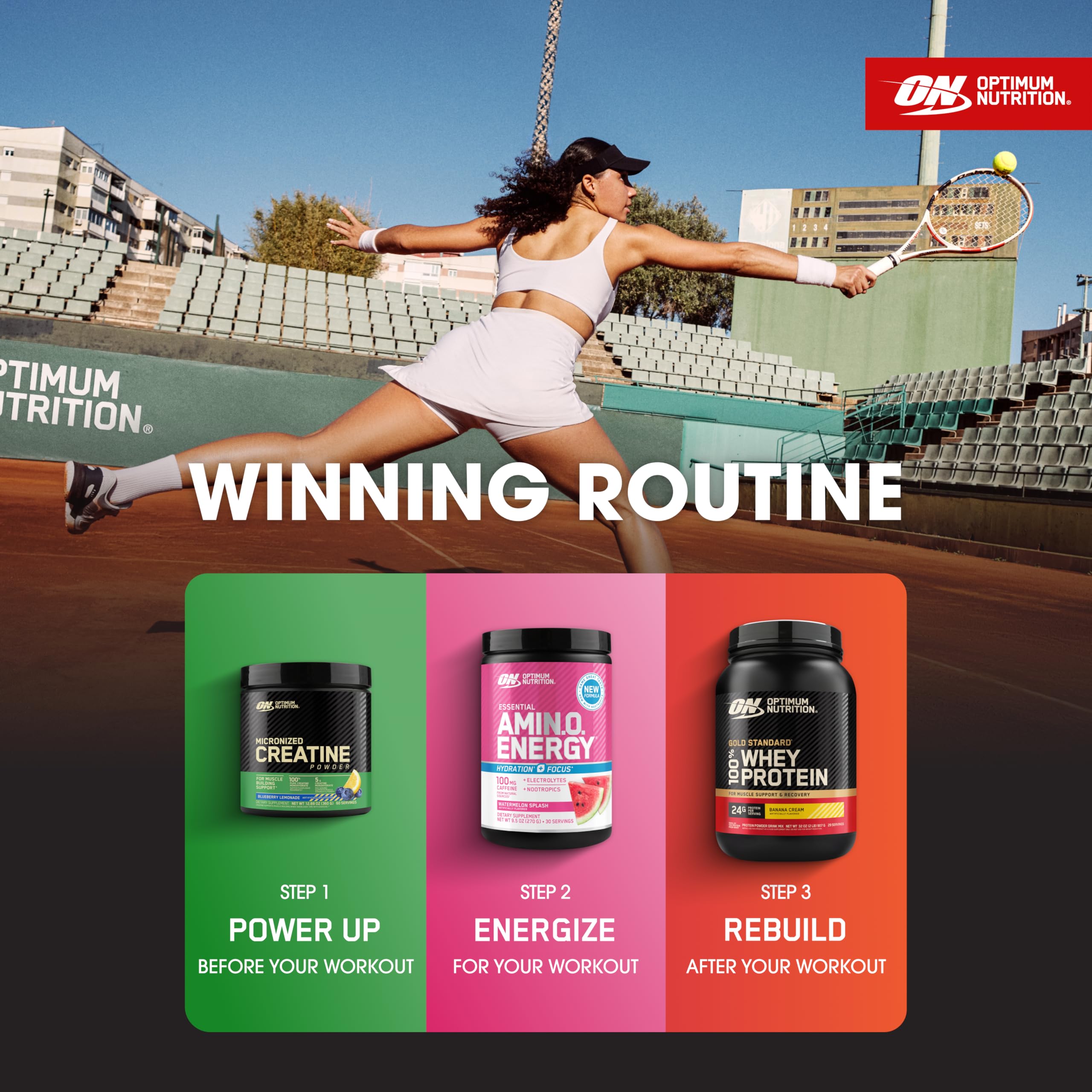Optimum Nutrition estilo de vida en gimnasio mostrando uso post entreno y conveniencia
