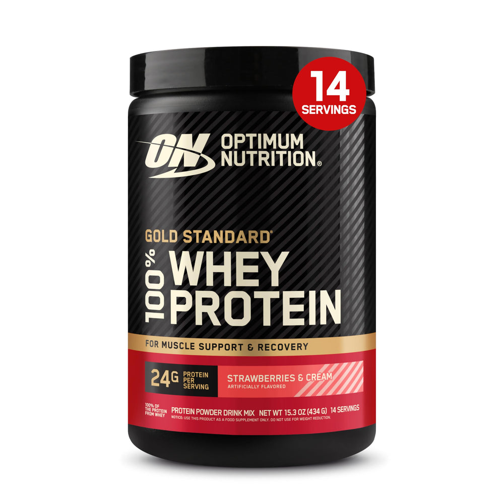 Optimum Nutrition envase frontal mostrando sabor fresa y crema y confianza de marca