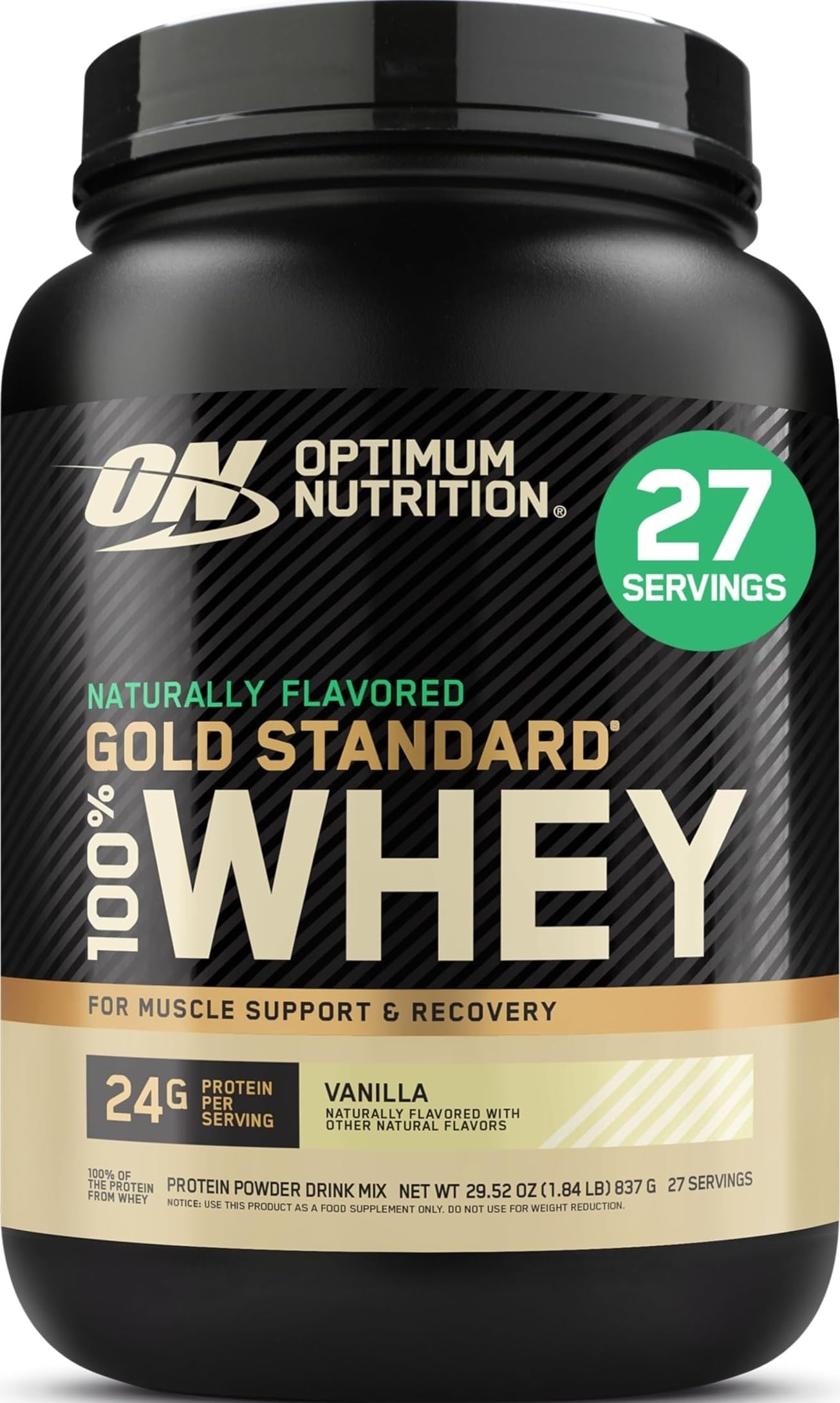 Optimum Nutrition envase frontal Gold Standard 100% Whey Vainilla mostrando la marca y tamaño