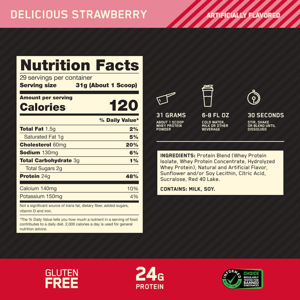 Optimum Nutrition polvo fresa en cuchara mostrando textura fina y mezclable