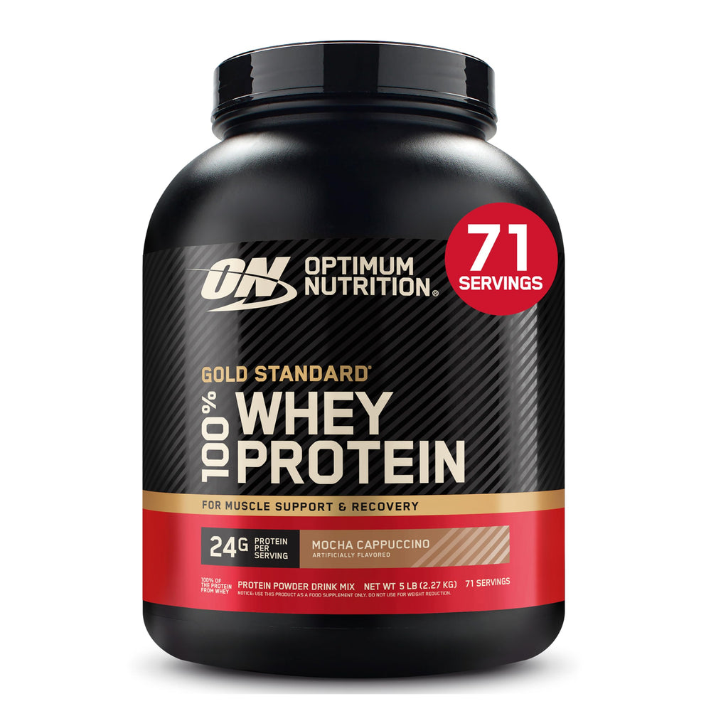 Optimum Nutrition envase Mocha Cappuccino frente muestra 5 lb y conveniencia