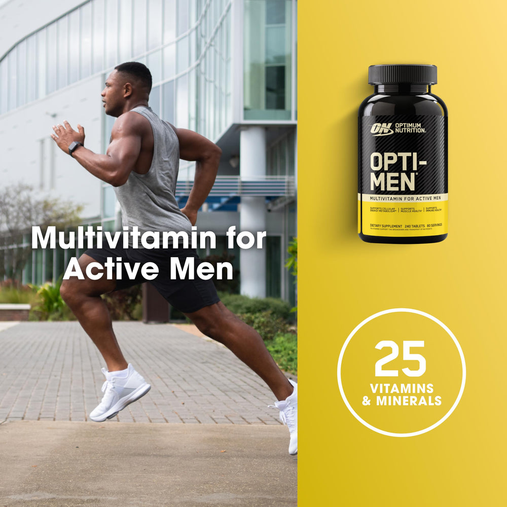 Optimum Nutrition Opti-Men etiqueta nutricional visible, marca y lista de 21 vitaminas para referencia