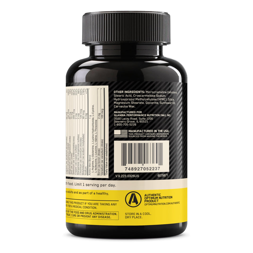 Optimum Nutrition frasco abierto con 90 tabletas mostrando cantidad