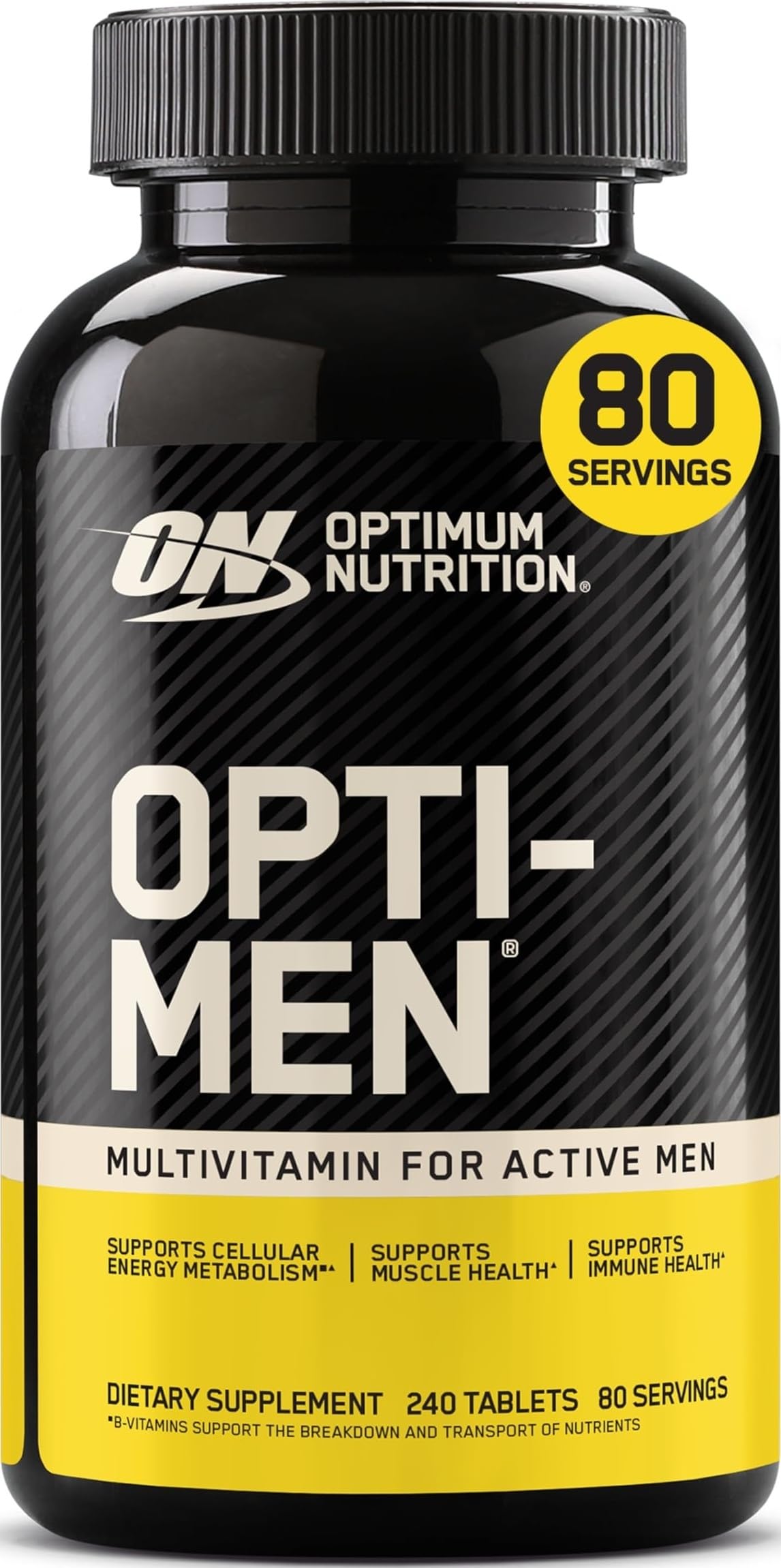 Optimum Nutrition Opti-Men vista frontal del envase, identificación clara y beneficio de suministro prolongado
