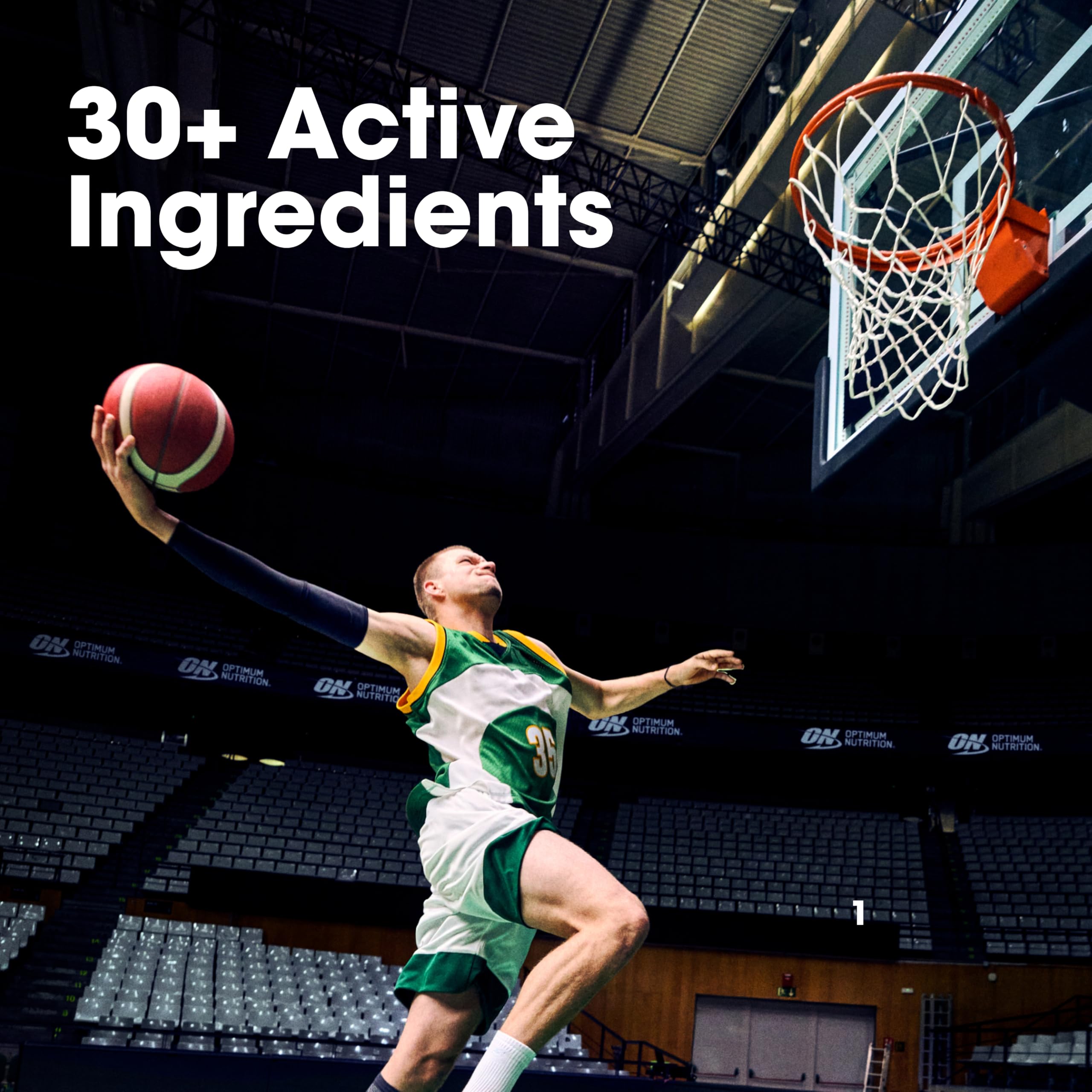Optimum Nutrition Opti-Men comparación de tamaño con mano, muestra cantidad de 240 tabletas y duración