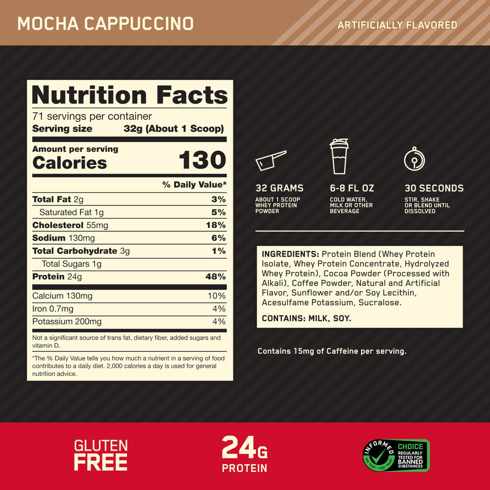 Textura del polvo Optimum Nutrition Mocha Cappuccino cerca, fácil disolución