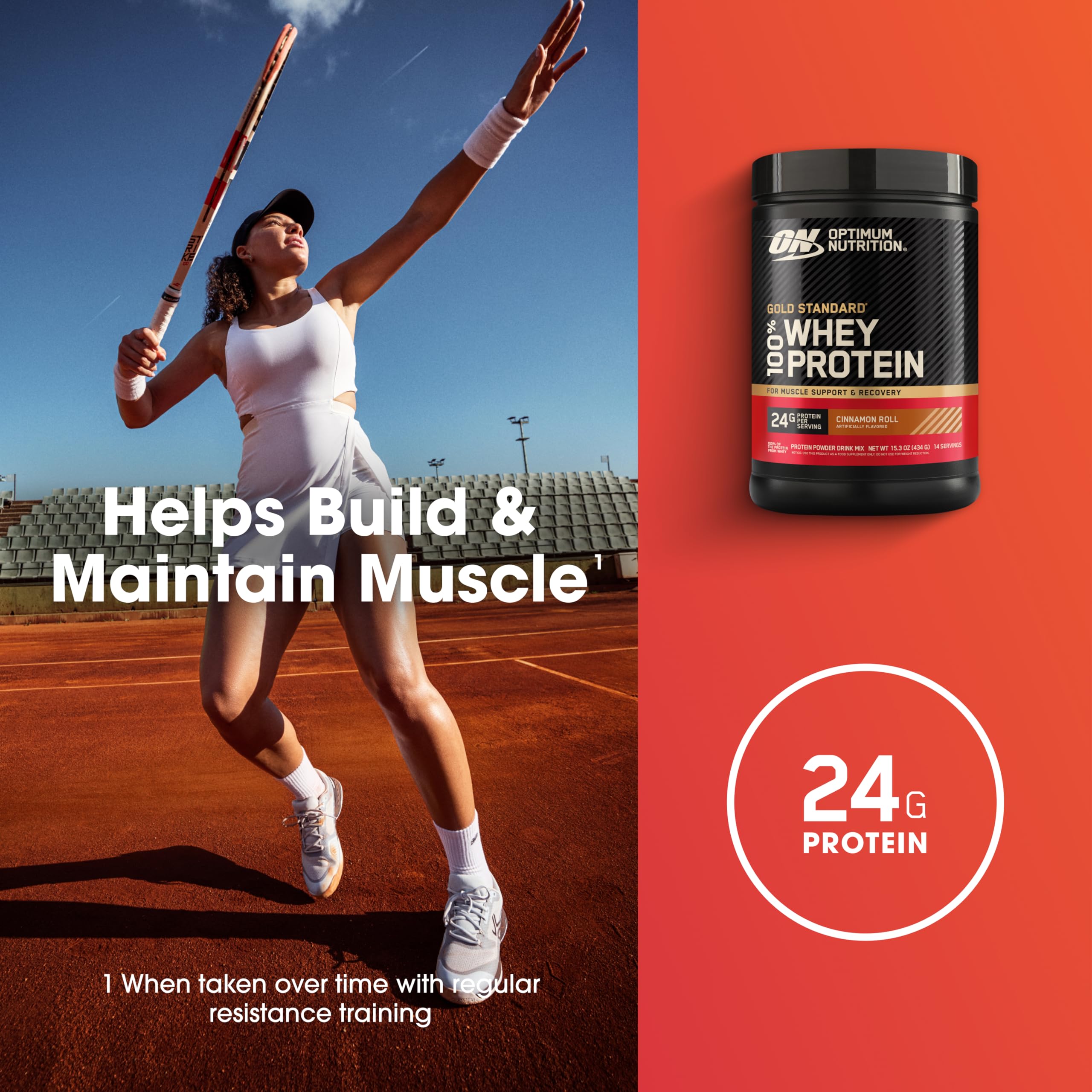 Optimum Nutrition scoop con polvo ilustrando la porción de proteína
