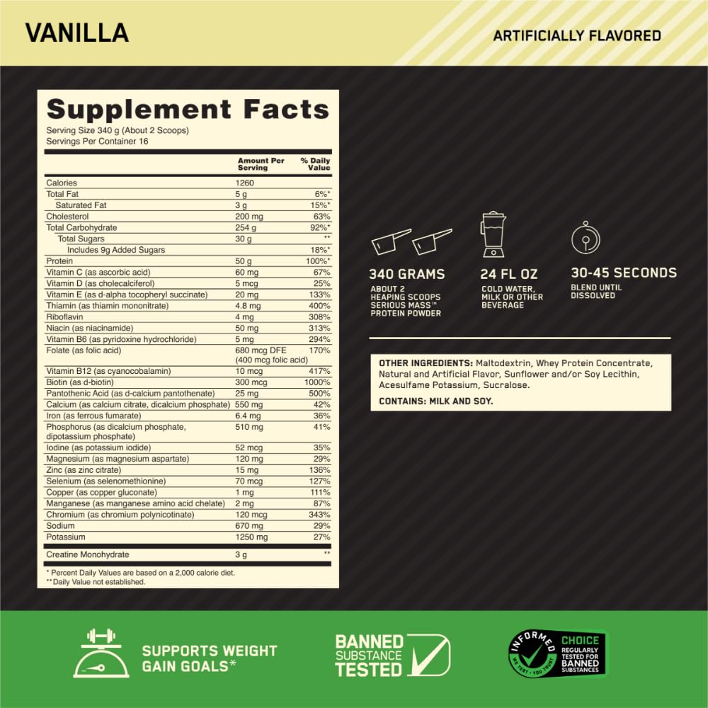 Vaso con batido preparado de Optimum Nutrition Serious Mass listo para consumo post-entreno