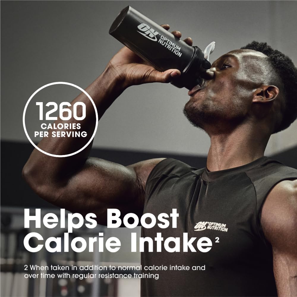 Etiqueta nutricional de Optimum Nutrition Serious Mass mostrando calorías y macros por porción