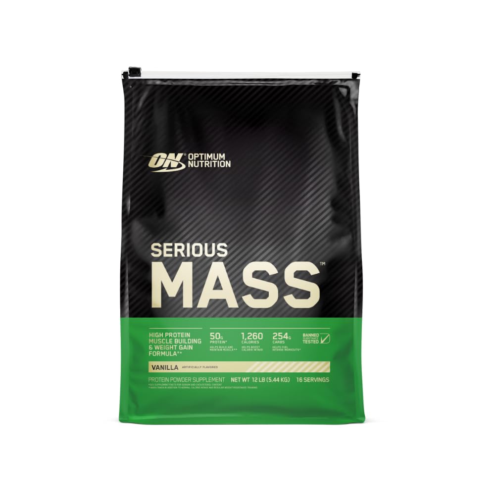 Envase Optimum Nutrition Serious Mass vista frontal, muestra tamaño y sabor vainilla