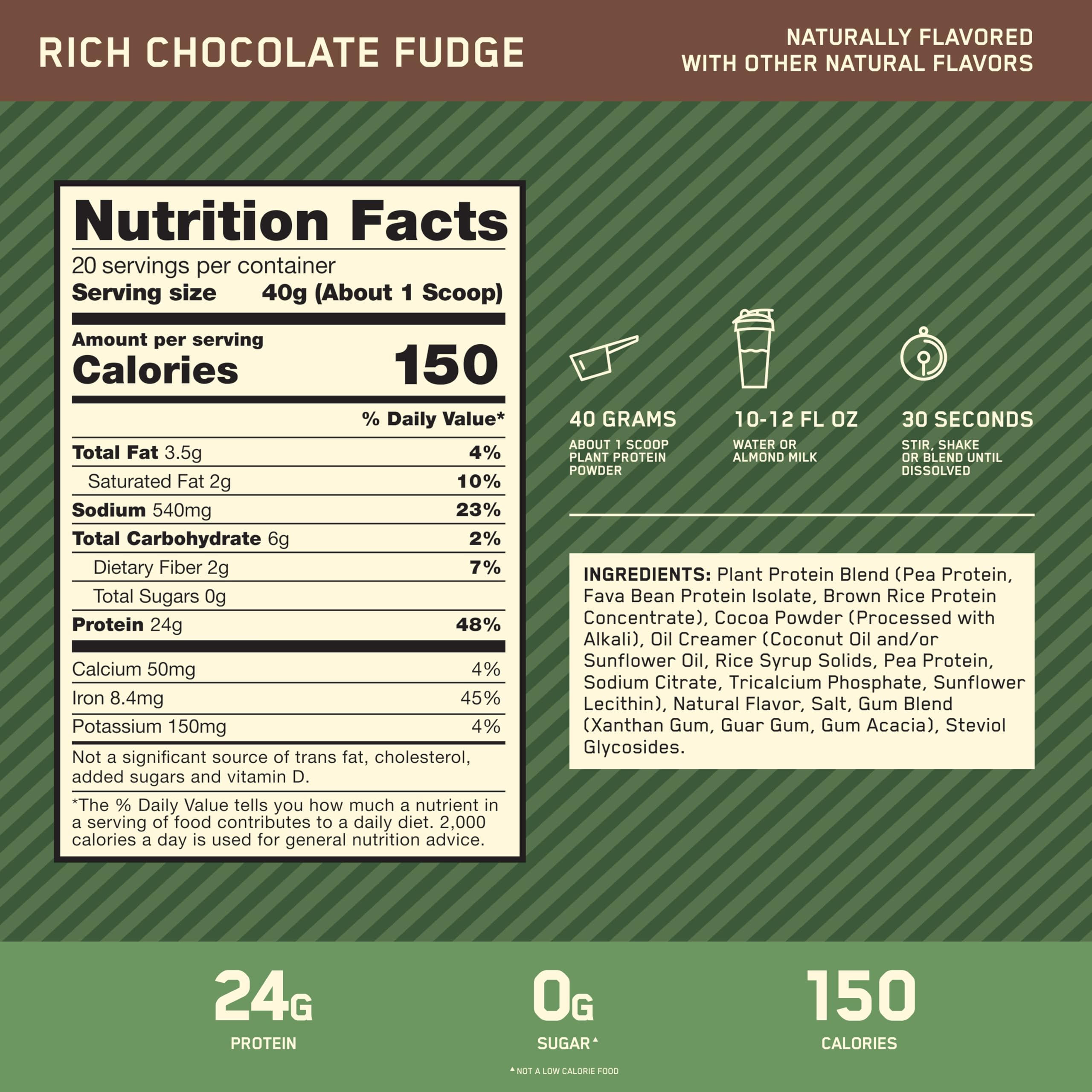 Optimum Nutrition cuchara medidora con polvo indicando 24 g de proteína por servicio