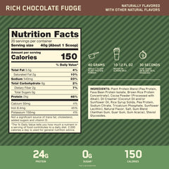 Optimum Nutrition cuchara medidora con polvo indicando 24 g de proteína por servicio