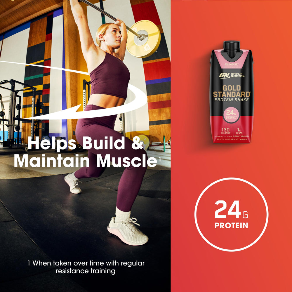 Optimum Nutrition bottle in hand showing size and portable convenience benefit