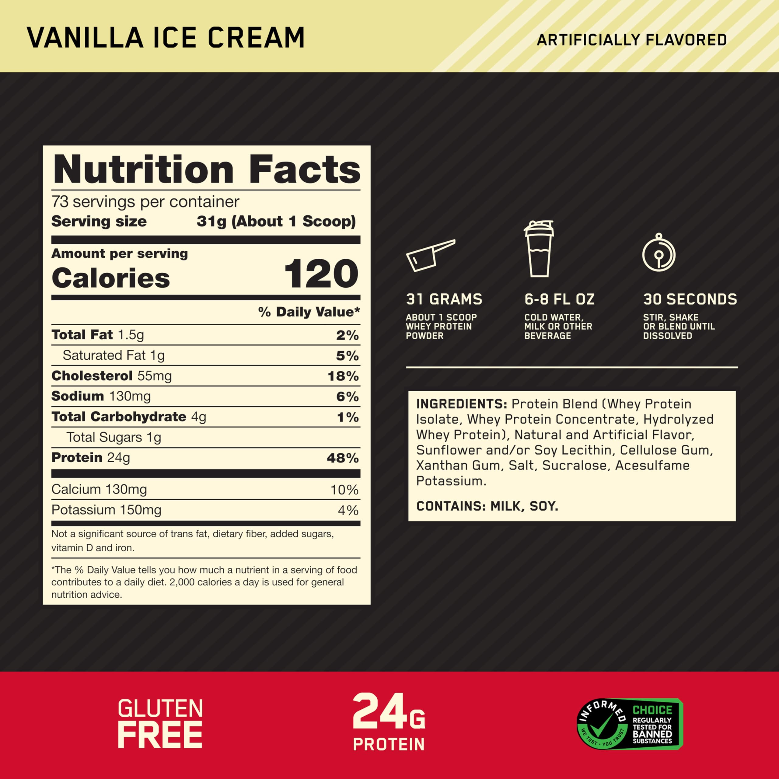 Optimum Nutrition polvo de proteína textura fina color vainilla, fácil disolución