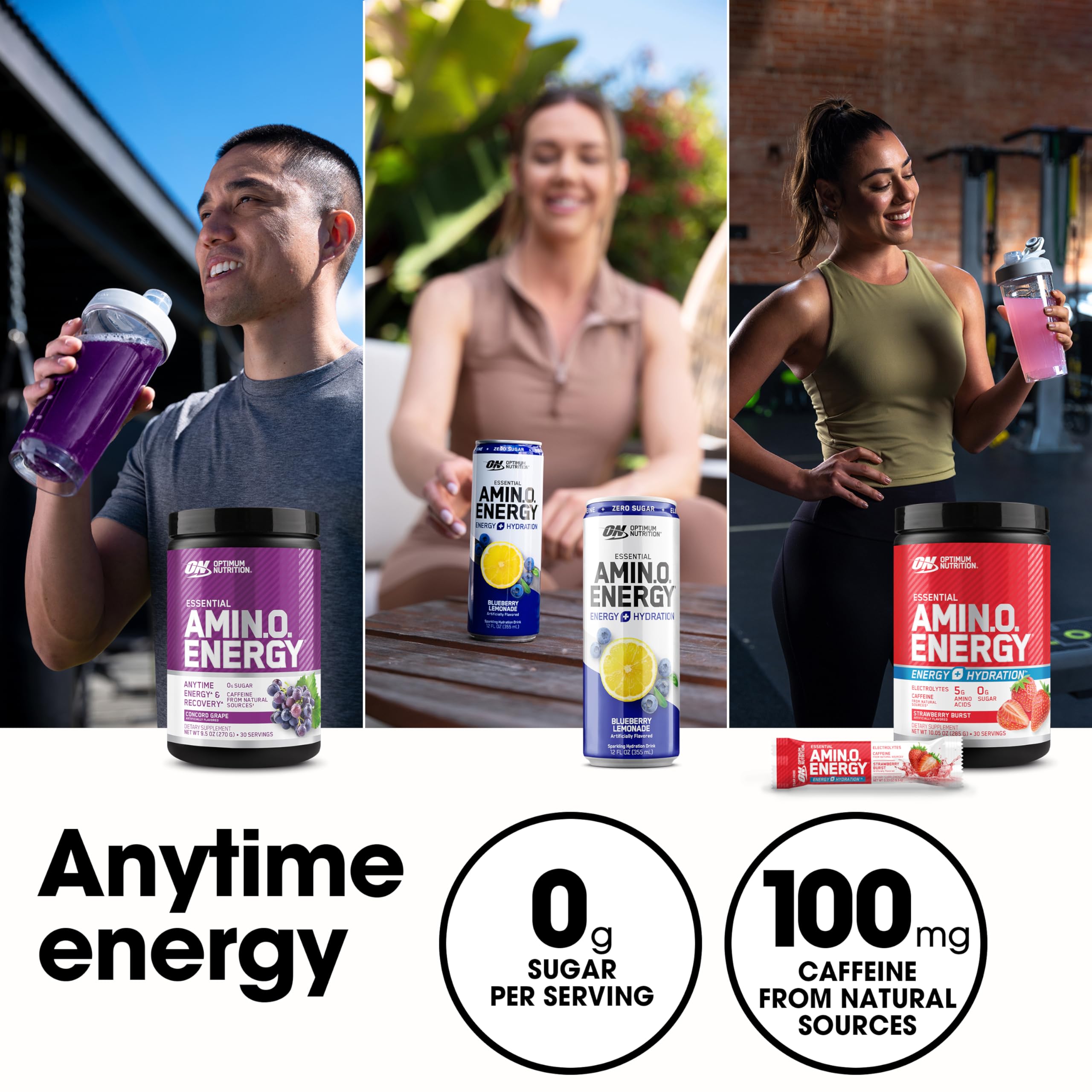 Optimum Nutrition bote junto a equipo de gimnasio para uso pre-entreno