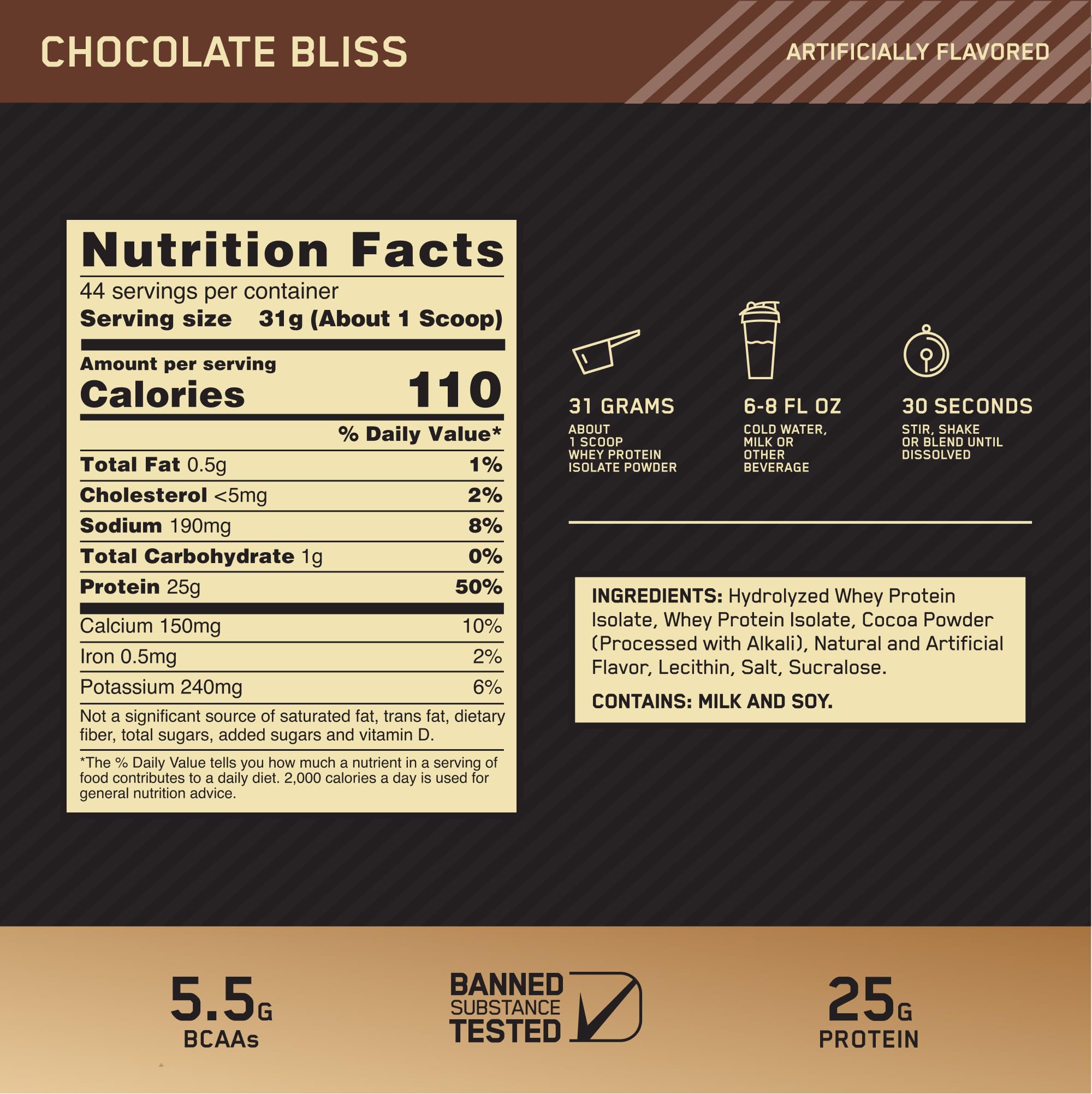 Optimum Nutrition vaso con batido de chocolate listo para recuperación rápida