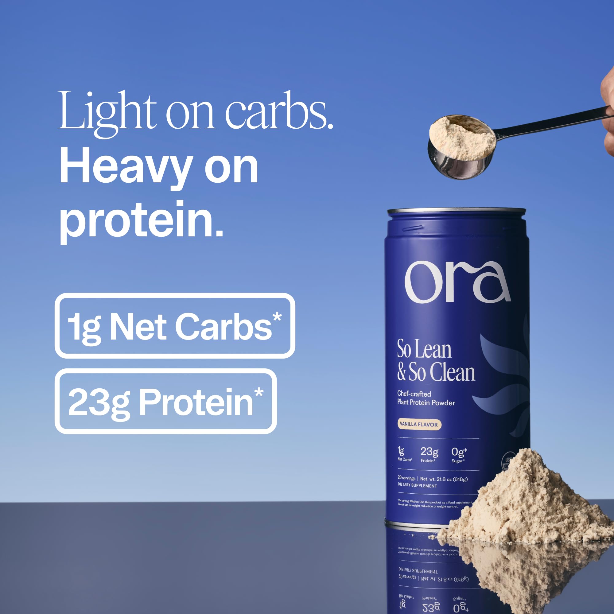 Ora Organic porción en cuchara destacando 23 g de proteína por servicio