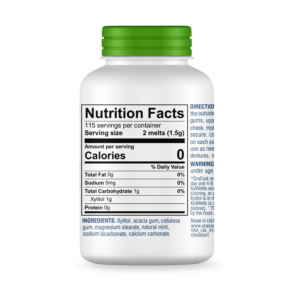 Oracoat etiqueta de ingredientes mostrando xilitol y fórmula pH 8