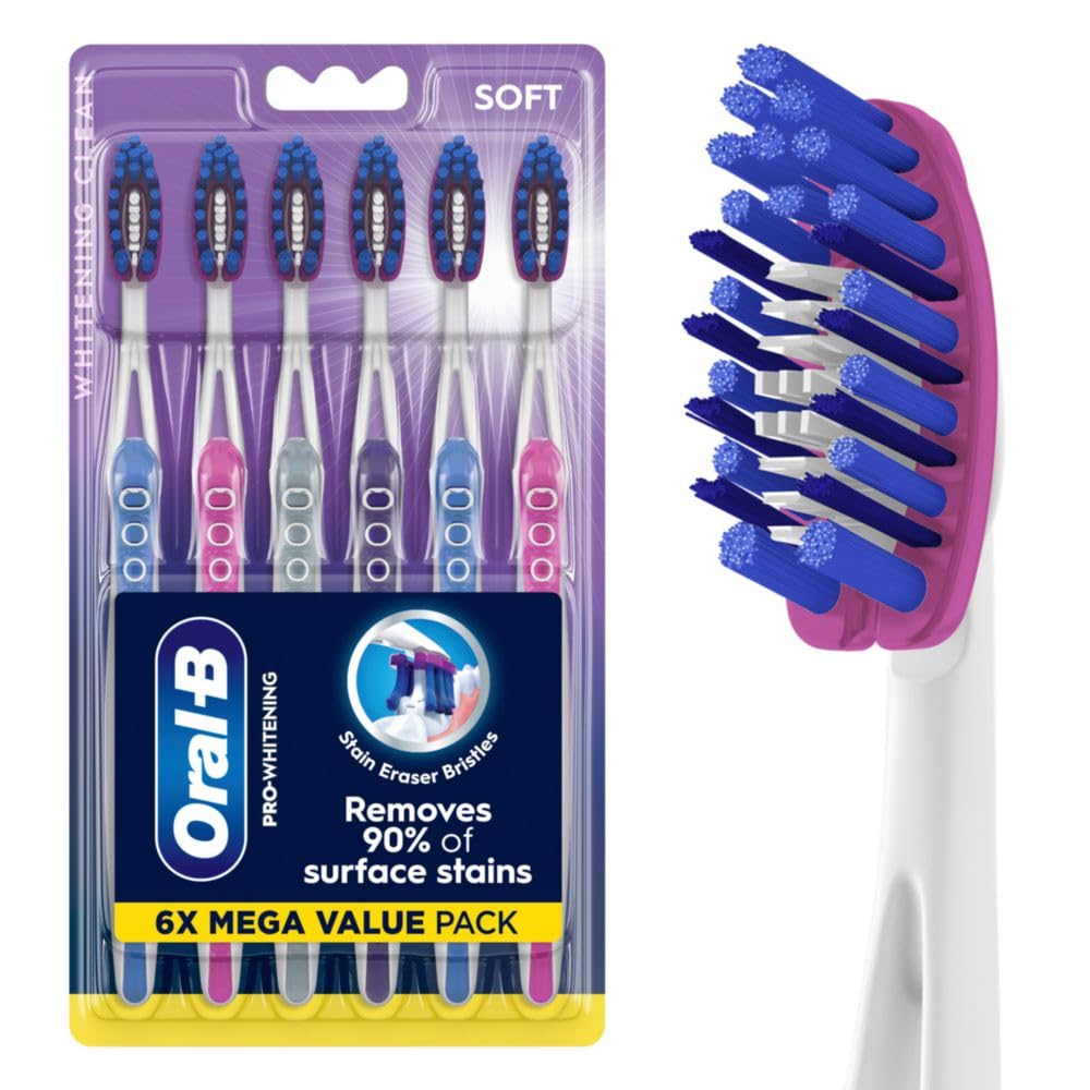 Oral-B frontal del empaque mostrando pack de seis y beneficios de blanqueado