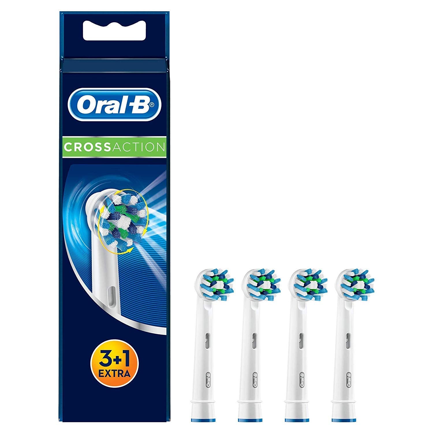 Oral-B paquete frontal de cuatro cabezales mostrando ahorro y compatibilidad