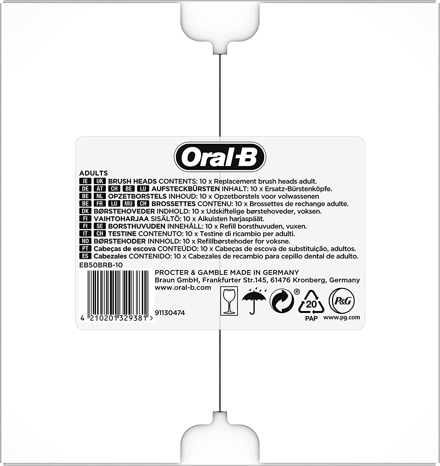 Oral-B pack abierto mostrando diez cabezas y ventaja de ahorro por volumen