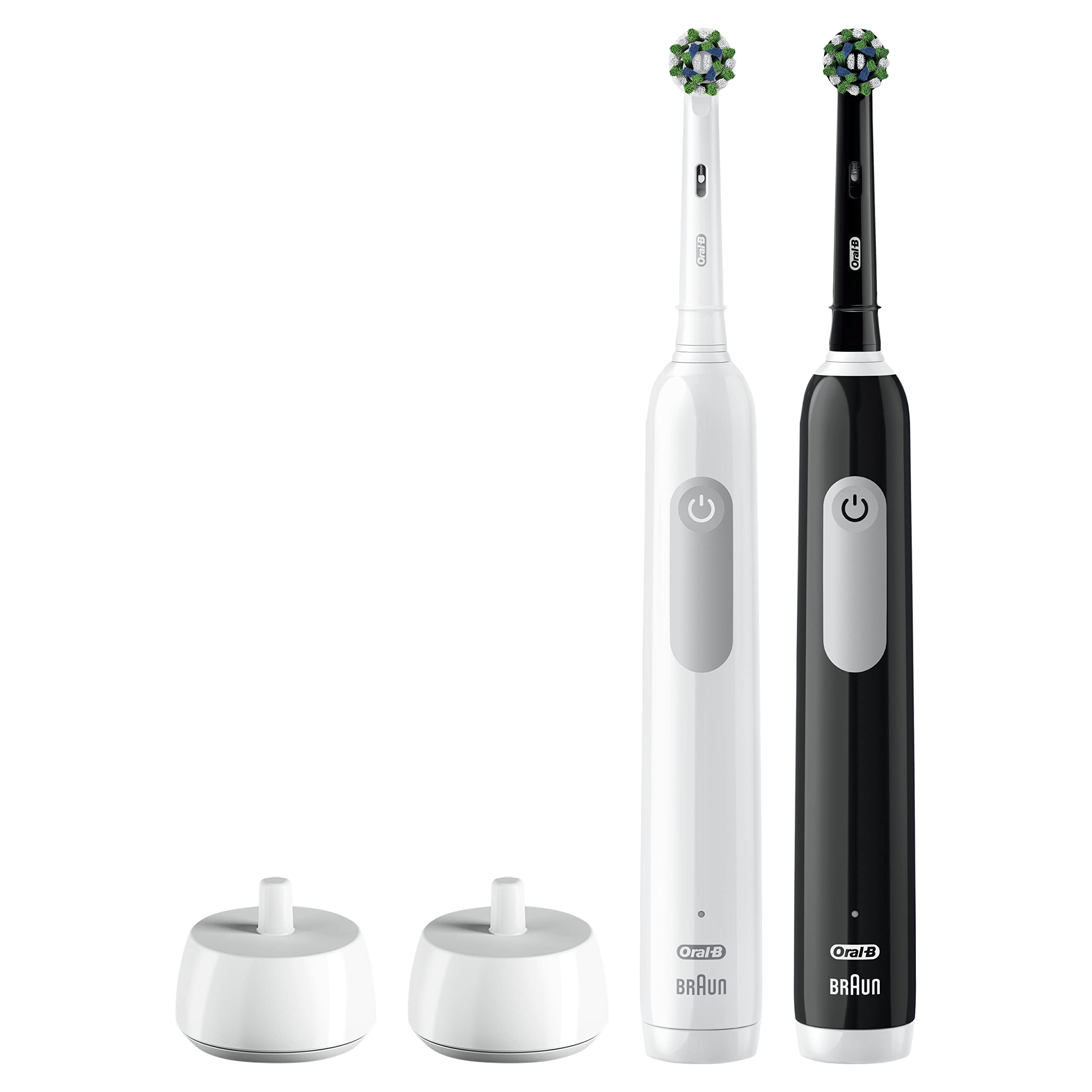 Empaque del pack Oral-B Pro 1000 dos unidades negro y blanco listo para uso doméstico
