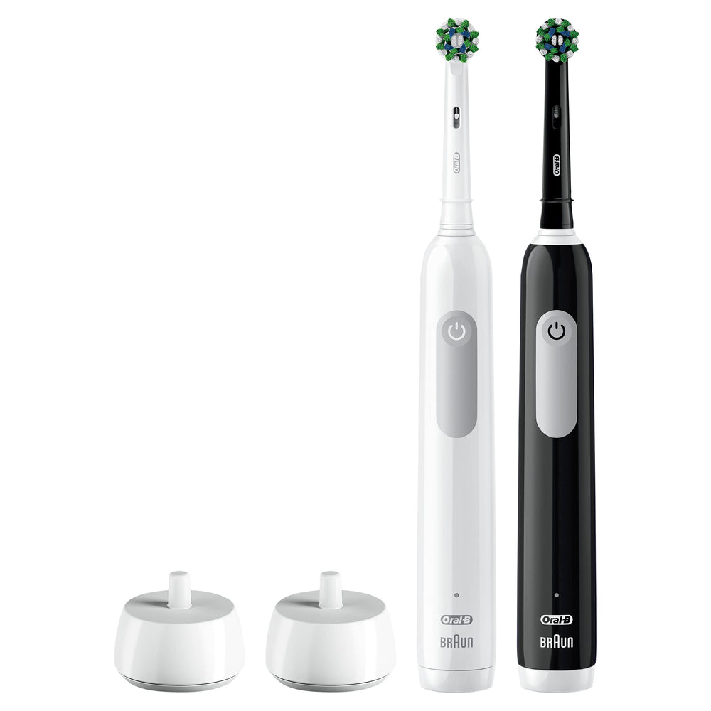 Empaque del pack Oral-B Pro 1000 dos unidades negro y blanco listo para uso doméstico