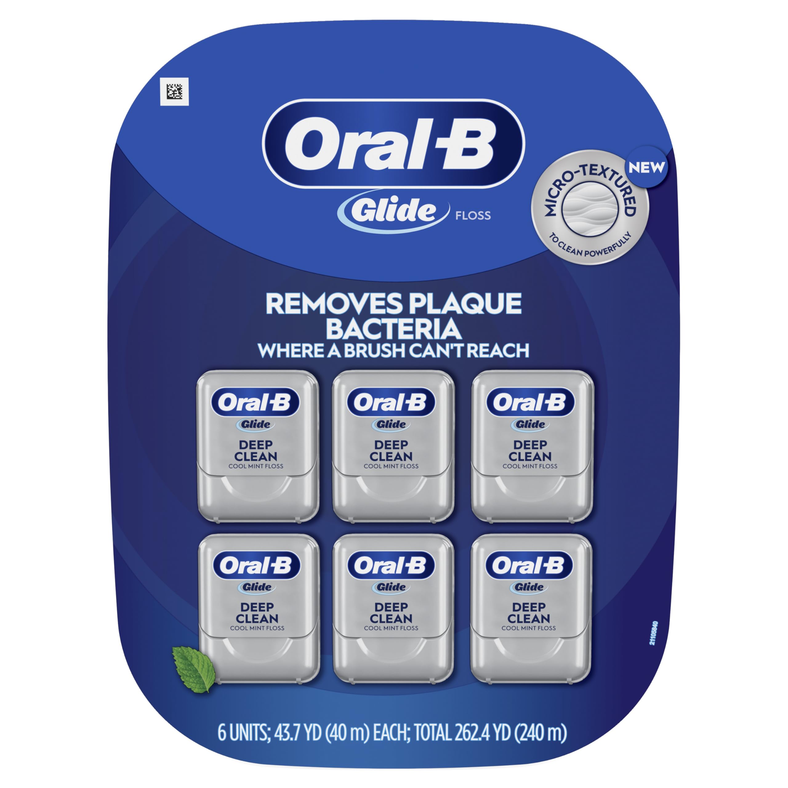 Oral-B Glide pack frontal que muestra las seis bobinas y presentación de valor