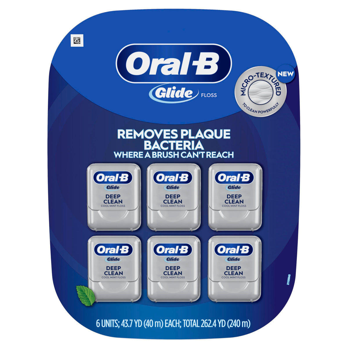 Oral-B Glide pack frontal que muestra las seis bobinas y presentación de valor