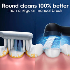 Oral-B iO comparación de tamaño del cabezal frente a un cepillo manual