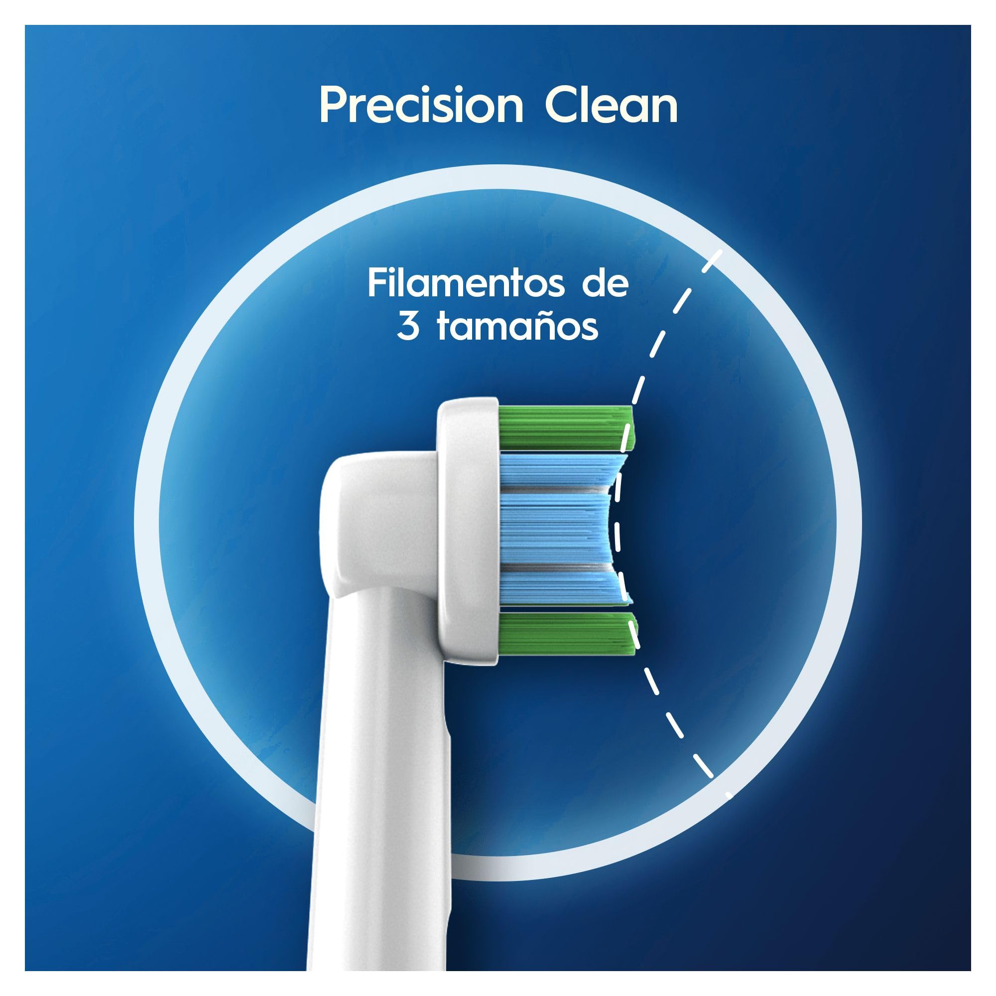 Oral-B comparación de tamaño con dedo para escala, compacto y preciso