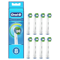 Oral-B vista frontal del paquete con ocho cabezales, comodidad de recambio