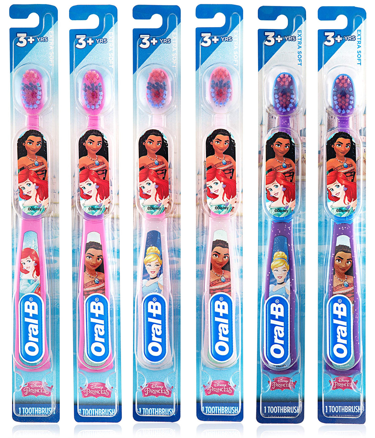 Oral-B vista frontal del envase mostrando princesas y pack de seis, fomenta rutina