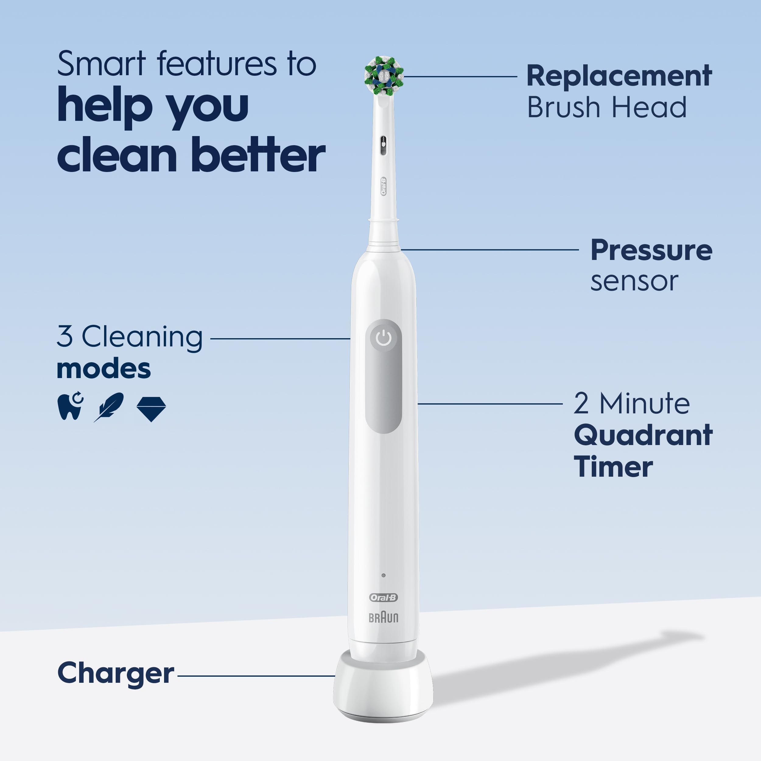 Oral-B Pro 1000 reposando en su base de carga que facilita recarga rápida y orden