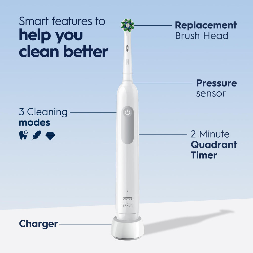 Oral-B Pro 1000 reposando en su base de carga que facilita recarga rápida y orden