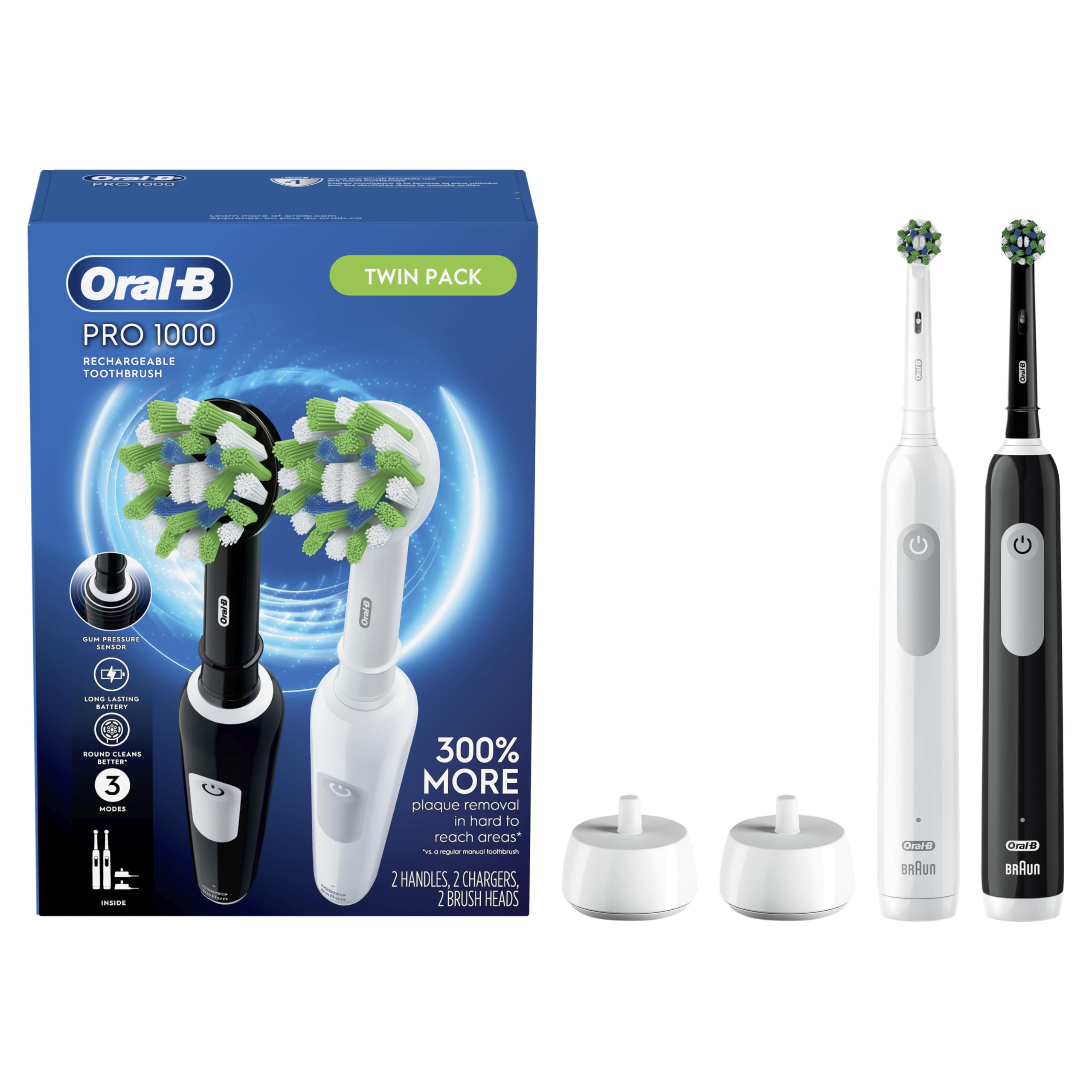 Oral-B Pro 1000 vista frontal y lateral mostrando diseño ergonómico y limpieza eficaz