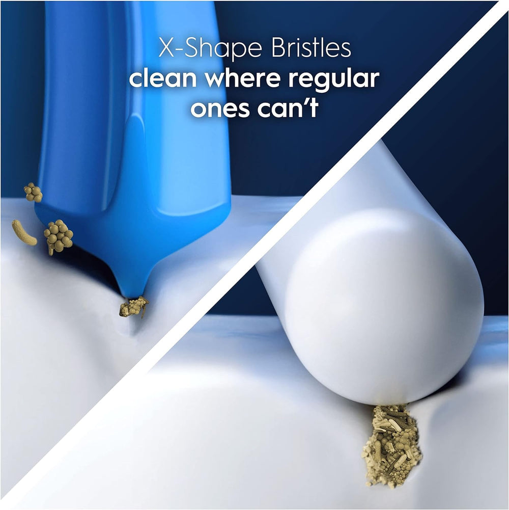 Oral-B primer plano de cerdas X-shape mostrando cobertura interdental