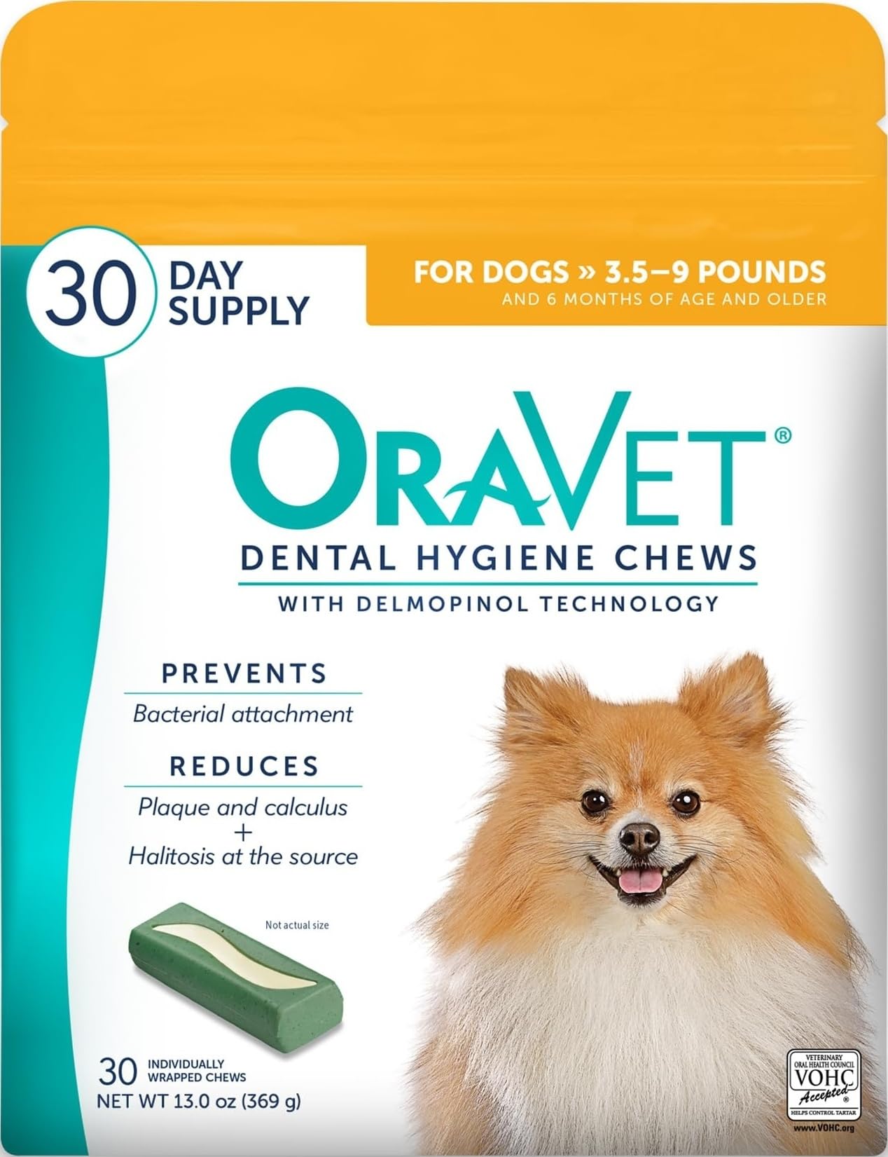 OraVet bolsa frontal amarilla mostrando 30 chews y beneficio de higiene