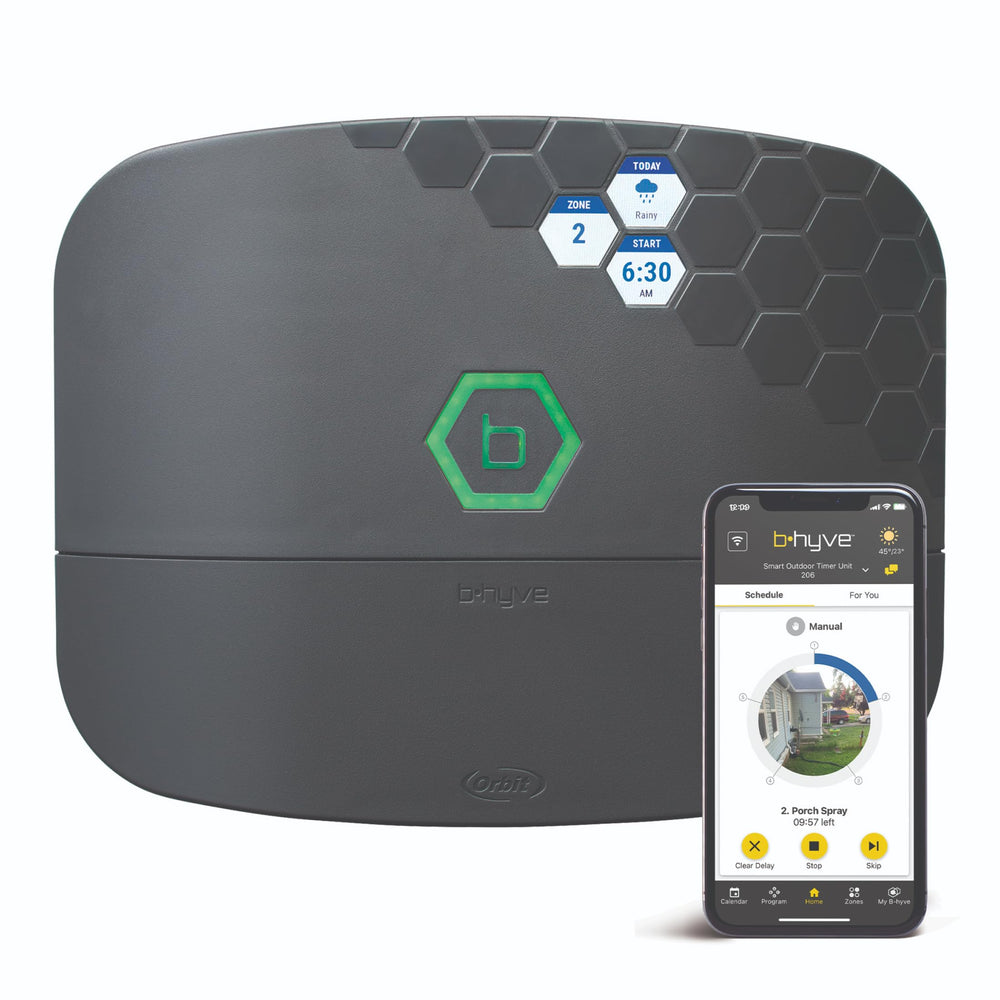 Orbit B-hyve XR vista frontal con botones y carcasa resistente ahorra agua