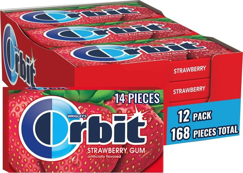 Orbit chicle fresa vista frontal con paquete, conveniencia inmediata