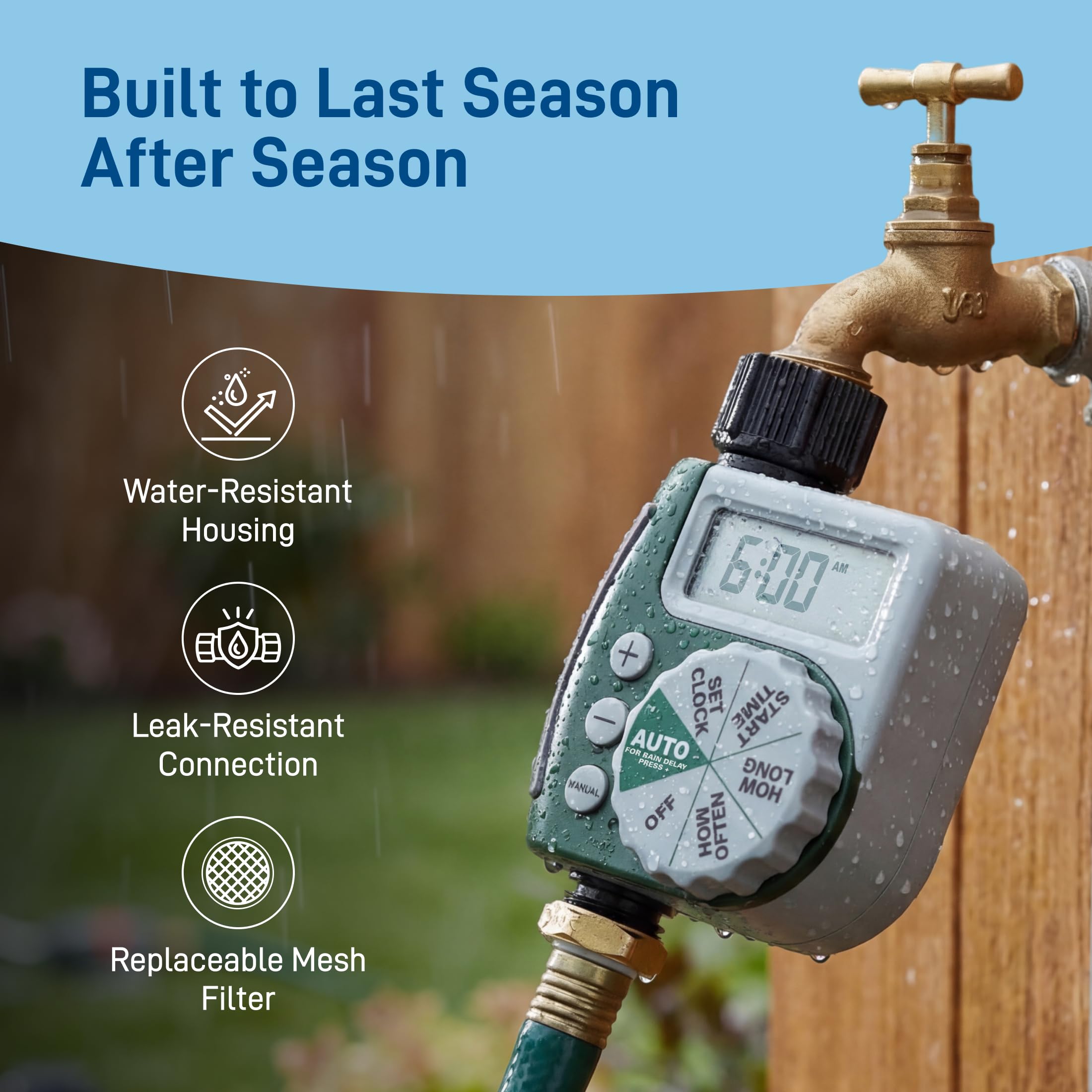 Orbit attached to a hose in garden showing automated watering convenience