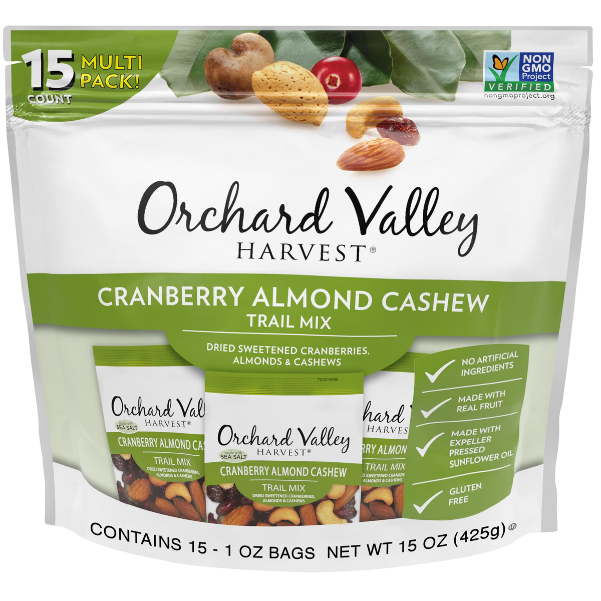 Orchard Valley Harvest frente del empaque mostrando la bolsa individual y el logo