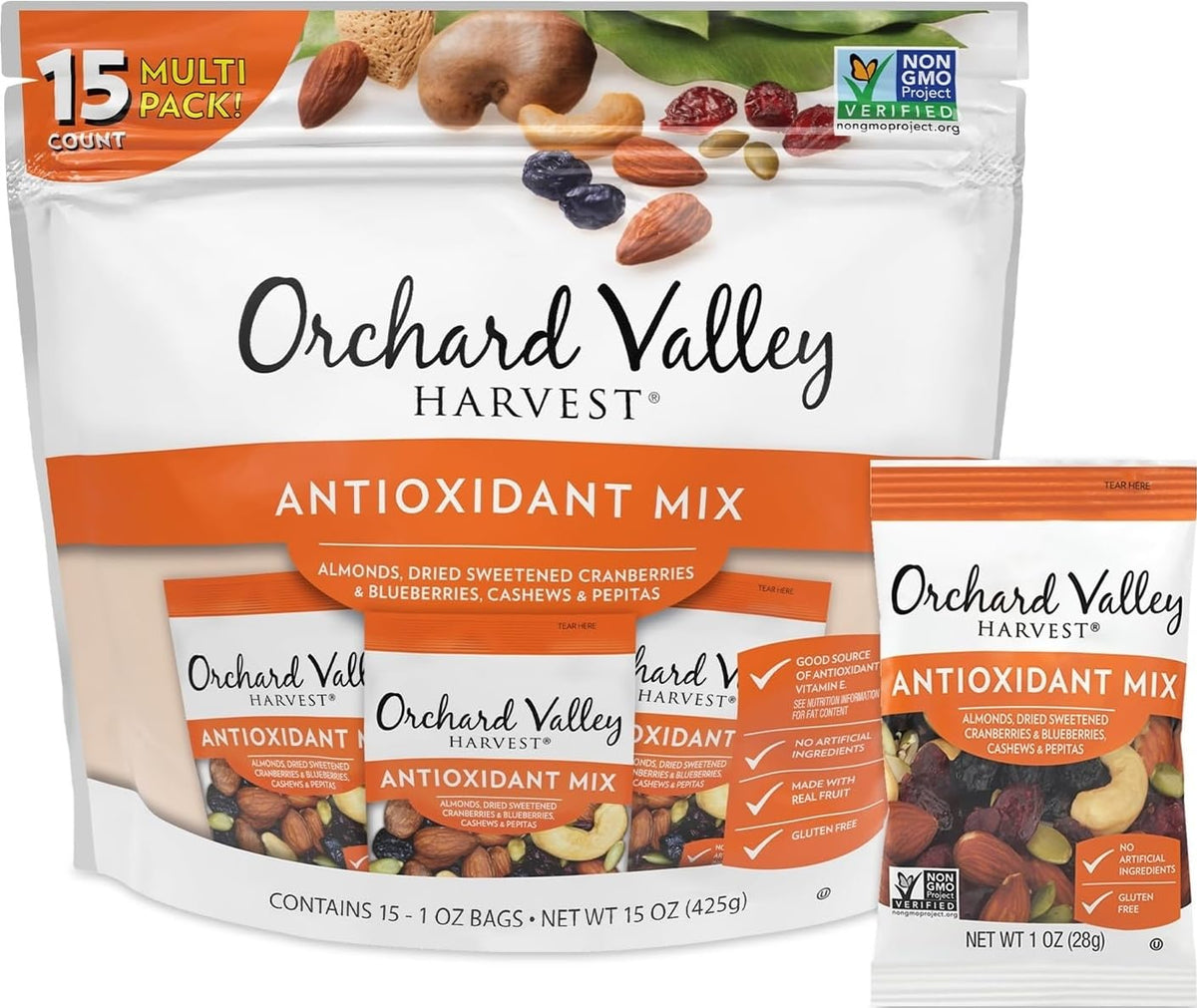 Orchard Valley Harvest frente del paquete mostrando diseño y porciones