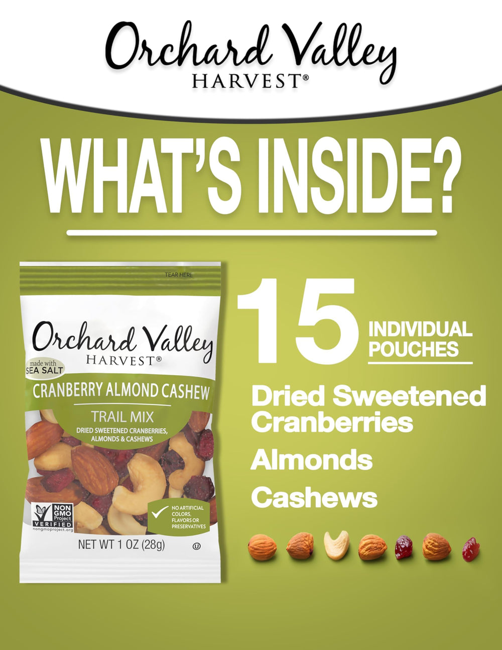 Orchard Valley Harvest primer plano de almendras y anacardos con textura crujiente