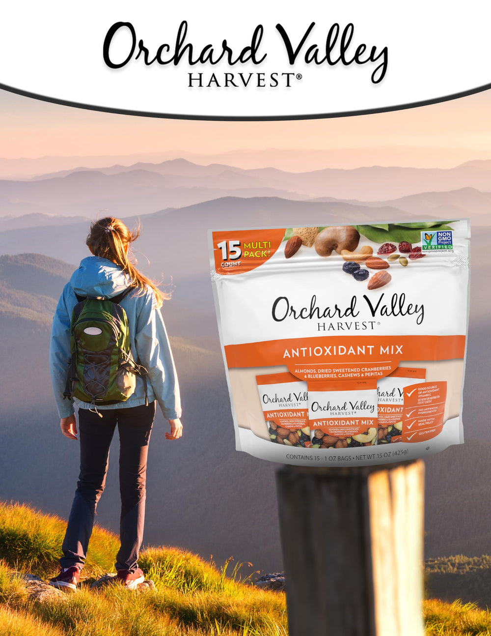 Orchard Valley Harvest snack en mochila durante excursión para energía rápida
