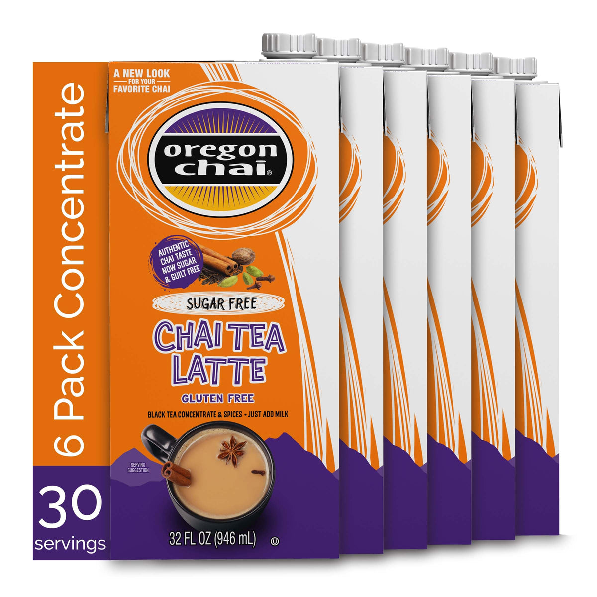 Oregon Chai botella frontal pack de seis mostrando ahorro y conveniencia