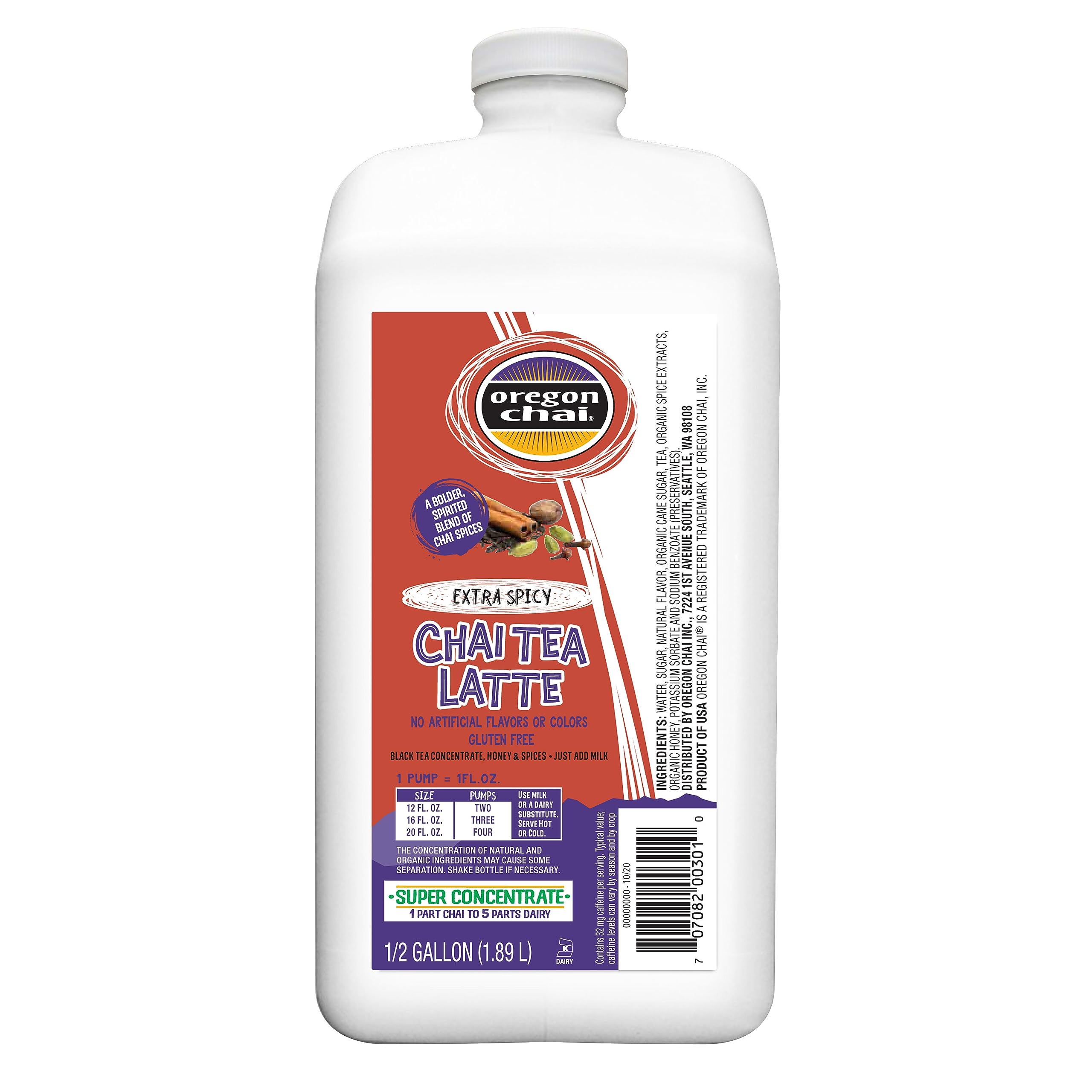 Oregon Chai jarra frontal de 64 oz mostrando etiqueta y vertido fácil